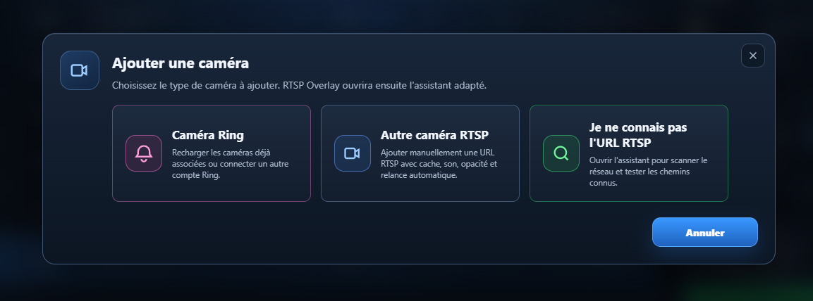 Fenêtre d'ajout de caméra RTSP Overlay.