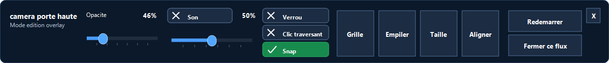 Palette de réglage d'un overlay caméra RTSP Overlay.